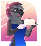 cake clothing dessert dress fangs female food fur gloves grey_body grey_fur handwear multicolored_body multicolored_fur one_eye_closed sabertooth_(anatomy) simple_background solo teeth tongue tongue_out wink dsixzey felid feline mammal 2019