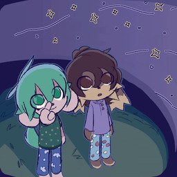 anthro big_ears blush blush_lines bottomwear brown_eyes brown_hair candy cheek_tuft chocolate chocolate_chips clothed clothing collar dessert dress duo facial_tuft feet female fluffy fluffy_tail food fur gesture grass grass_field green_hair green_tail hair hand_gesture male night outside pajamas paws plant pointing shirt simple_background skirt standing standing_in_grass star stargazing tail topwear tuft marpystar strawby_(marpystar) toffee_(toffeebun) canid canine canis domestic_dog hybrid lagomorph leporid mammal rabbit 1:1 animated trans_(lore)