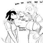 1:1 angry anthro black_hair bovid caprine clothing domestic_sheep duo female freckles hair hi_res hladilnik maid_uniform mammal monochrome sheep suid suina uniform warthog yelling