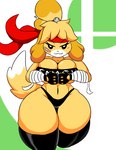 anthro band-aid bandage big_breasts blush breasts clothed clothing curvy_figure deep_navel female hair half-closed_eyes legwear looking_at_viewer narrowed_eyes navel one_leg_up raised_leg skindentation smile solo standing thick_thighs thigh_highs voluptuous wide_hips kirbot12 animal_crossing nintendo isabelle_(animal_crossing) canid canine canis domestic_dog mammal shih_tzu toy_dog 2018 digital_media_(artwork) hi_res