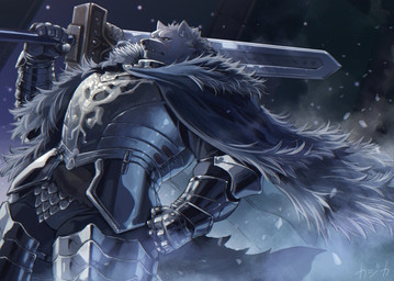anthro armor cape clothing fog fur holding_melee_weapon holding_object holding_sword holding_weapon low-angle_view male melee_weapon muscular muscular_anthro muscular_male night outside scar sky solo standing star starry_sky sword teeth tuft weapon ka_ji_ka elden_ring fromsoftware blaidd_(elden_ring) canid canine canis mammal wolf 2022