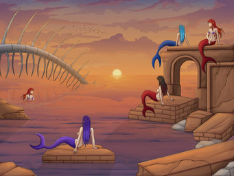 blue_hair bone breasts brick_floor female group hair long_hair mermaid_tail nude purple_hair red_hair reflection ruins sitting split_form starfish_(accessory) starfish_bra sun sunset water shadowfury ambient_bird aquatic asterozoan echinoderm merfolk siren starfish 4:3 hi_res