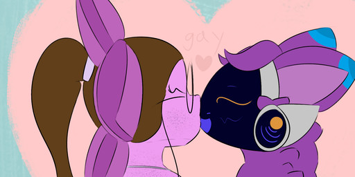 anthro duo eyewear female glasses hair kissing machine pink_body ponytail purple_body ansia_(artist) ansia_(character) qj_(character) amphibian aquatic axolotl mole_salamander protogen salamander 3:1 hi_res