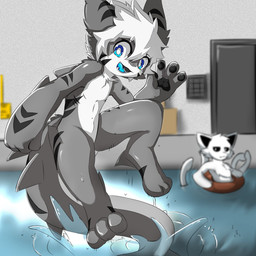 3_toes 4_fingers anthro arm_markings arm_tuft black_inner_ear black_markings black_pawpads blue_eyes blue_tongue chest_tuft dorsal_fin duo ear_markings ear_tuft eyebrow_through_hair eyebrows feet fin fingers fur gesture grey_body grey_fur hair laboratory leg_markings looking_at_viewer male male_anthro markings open_mouth pawpads pool_float shark_tail shoulder_tuft smile smiling_at_viewer swimming_pool tail tail_markings teeth tentacles toes tongue translucent translucent_hair tuft water waving white_body white_fur white_hair young young_anthro young_male gaogomon changed_(video_game) squid_dog_(changed) tiger_shark_(changed) aquatic canid fish hybrid mammal requiem_shark shark tiger_shark 1:1 2022 absurd_res hi_res