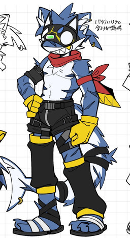 3_toes anthro armband bandage belt belt_buckle biped black_bottomwear black_clothing black_shorts blue_body bottomwear buckle claws clothing feet fin fin_piercing footwear furgonomic_piercing furgonomics geometric_background gills gloves gold_(metal) gold_tooth grid_background hand_on_hip handwear kerchief leg_warmers legwear male mask navel neckerchief neckwear pattern_background piercing red_kerchief red_neckerchief sandals scar sharp_teeth shirtless shirtless_anthro shirtless_male shoes shorts simple_background smile smirk solo standing straps tail tail_piercing teeth text toe_claws toes wearing_mask white_body yellow_clothing yellow_gloves yellow_handwear haco85_774 same-kun_(haco85_774) aquatic fish shark digital_media_(artwork) hi_res japanese_text sketch_page