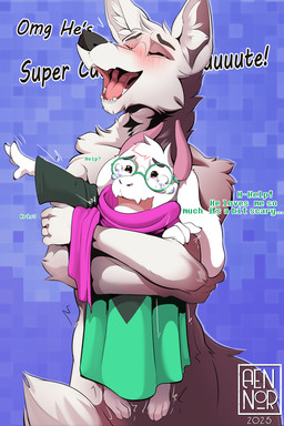 abstract_background anthro blush bodily_fluids calling_for_help convenient_censorship crying dialogue duo eyes_closed eyewear floppy_ears fur glasses hanging_by_arms horn hug hugging_another hugging_from_behind male male/male nude_anthro nude_male open_mouth pink_horn scared scarf speech_bubble tail tears text white_body white_fur aennor deltarune undertale_(series) bai_se_(aennor) ralsei bovid canid canine caprine fox goat mammal 2025 2:3 english_text hi_res