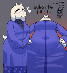 2_horns anthro belly belly_outline bone breasts clothed clothed_anthro clothed_female clothing cross-popping_vein dress eyelashes eyewear female female_anthro fingers floppy_ears front_view fur glasses grey_background head_horn heart_symbol horn long_sleeves lop_ears low-angle_view male mouth_closed narrowed_eyes navel_outline open_mouth open_smile purple_clothing purple_dress simple_background skeleton slightly_chubby slightly_chubby_anthro slightly_chubby_female smile tail text wearing_glasses white_body white_ears white_fur white_horn white_tail kitapult undertale_(series) sans_(undertale) toriel animated_skeleton boss_monster_(undertale) bovid caprine goat mammal undead 2025 absurd_res digital_media_(artwork) english_text hi_res