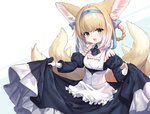 accessory alternative_fashion blonde_hair blush classic_lolita clothing dress female hair hair_accessory hairband j-fashion lolita_(fashion) maid_uniform multi_tail open_mouth oripathy_lesion ribbons simple_background smile solo tail uniform white_background young spica_1510 arknights hypergryph studio_montagne suzuran_(arknights) animal_humanoid canid canid_humanoid canine canine_humanoid fox_humanoid humanoid mammal mammal_humanoid 2020 hi_res