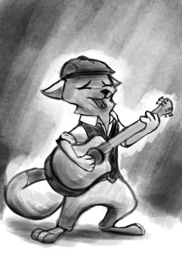 acoustic_guitar anthro barefoot biped clothed clothing eyes_closed feet flat_cap guitar hat headgear headwear holding_object male musical_instrument open_mouth playing_guitar playing_music plucked_string_instrument rolled_up_sleeves solo standing string_instrument topwear vest bluedouble disney zootopia fan_character michael_b._kittson_(mike-b-kittson) canid canine fox mammal 2017 greyscale hi_res monochrome