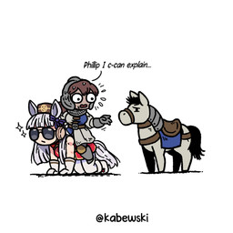 4_fingers accessory all_fours animal_ears animal_tail armor aviator_glasses bangs belt black_eyes black_hair blunt_bangs bodily_fluids bottomwear bow_ribbon breasts brown_body brown_clothing brown_hair brown_hat brown_headwear brown_skin chainmail chibi clothing earmuffs eyewear female feral feral_armor fingers flustered flying_sweatdrops footwear furgonomics furrowed_eyebrows gauntlets glasses gloves greaves group hair hair_accessory hair_between_eyes hair_bow hair_ribbon handwear hat headgear headwear helmet horse_ears horse_tail humanoidized kneeling knight leather leather_strap male medieval_armor metal_armor mitten_hands mouthless muscular muscular_female nervous noseless open_mouth pants poleyn red_clothing red_topwear ribbons riding rivets sabatons saddle shadow shoes side_view simple_background sleeveless_clothing sparkles straps stuttering sunglasses surprised sweat sweatdrop tabard talking_to_another tan_body tan_skin text topwear trio warrior white_background white_bottomwear white_clothing white_footwear white_hair wide_eyed worried kabewski cygames uma_musume_pretty_derby gold_ship_(pretty_derby) nameless_character philip_(kabewski) animal_humanoid equid equid_humanoid equine equine_humanoid horse horse_humanoid human humanoid mammal mammal_humanoid 1:1 2026 absurd_res artist_name english_text full-length_portrait hi_res portrait