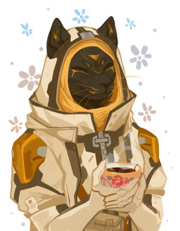 ambiguous_gender anthro beverage black_body black_fur clothed clothing container cup eyes_closed facial_markings floral_background flower front_view fur head_markings holding_beverage holding_container holding_cup holding_object markings mouth_closed orange_clothing orange_topwear plant smoke solo tan_clothing tan_topwear topwear unsigned whiskers yellow_markings corzh77 felid mammal absurd_res half-length_portrait hi_res portrait