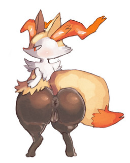3_fingers anthro anus arm_tuft big_butt biped black_body blush butt butt_focus cheek_tuft digitigrade dipstick_tail facial_tuft feet female fingers fur genitals glistening glistening_body huge_butt inner_ear_fluff looking_aside markings multicolored_body multicolored_fur orange_body orange_eyes orange_fur orange_nose presenting presenting_anus presenting_hindquarters shoulder_tuft simple_background solo standing tail tail_markings tail_tuft toes tuft vulva white_background white_body white_fur yellow_body yellow_fur dedecker nintendo pokemon braixen canid canine generation_6_pokemon mammal pokemon_(species) 2023 digital_media_(artwork)