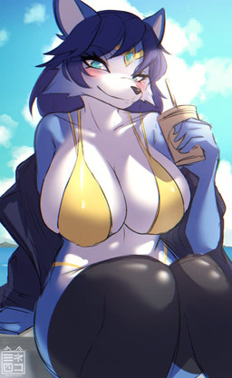 anthro big_breasts bikini biped black_clothing black_legwear black_nose black_thigh_highs blue_body blue_eyes blue_fur blue_hair blush blush_lines breasts cheek_tuft circlet closed_smile clothed clothed_anthro clothed_female clothing cloud container cup day drinking_straw eyelashes eyelashes_through_hair facial_tuft female female_anthro fingers fur glistening glistening_bikini glistening_clothing glistening_eyes glistening_swimwear hair holding_container holding_cup holding_object huge_breasts jewelry legwear light logo looking_at_viewer mouth_closed open_clothing open_topwear outside sky smile smiling_at_viewer solo sunlight swimwear text thick_thighs thigh_highs topwear translucent translucent_hair tuft two-piece_swimsuit white_body white_fur yellow_bikini yellow_clothing yellow_swimwear sk3tchk4t nintendo star_fox krystal_(star_fox) canid canine fox mammal 2024 artist_logo artist_name digital_drawing_(artwork) digital_media_(artwork) sketch
