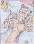 anthro armor bed bedroom_eyes belt big_breasts black_ears bottomless bracers breasts clothed clothing convenient_censorship duo female female_focus female_on_human first_person_view furniture green_eyes half-closed_eyes human_on_anthro imminent_sex inside interspecies lying male male/female male_on_anthro narrowed_eyes navel nipples no_bra no_underwear on_back open_clothing open_shirt open_topwear pillow pink_nose seductive shirt smile solo_focus stripes topwear undressing hym_(artist) bioware dungeons_and_dragons electronic_arts forgotten_realms hasbro neverwinter_nights wizards_of_the_coast jaboli_(character) human mammal rakshasa_(dungeons_and_dragons) 2015 censored