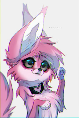 bangs big_eyes black_choker black_jewelry black_necklace black_nose blue_pawpads cheek_tuft choker choker_only eyebrows eyelashes facial_tuft female feral feral_with_hair fur grey_eyes hair jewelry looking_up markings necklace necklace_only nude pawpads pink_body pink_eyebrows pink_fur pink_hair pink_markings simple_background solo tuft white_background azzai canid canine fennec_fox fox mammal true_fox 2:3 colored colored_sketch digital_drawing_(artwork) digital_media_(artwork) shaded sketch