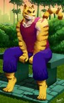 5_fingers anthro bench biped blue_eyes brown_body brown_fur city city_background clothed clothing digitigrade feet fingers fully_clothed fur looking_sideways male muscular muscular_anthro muscular_male plant shirt shrub sitting solo stern_look tank_top topwear tree yellow_body yellow_fur fuzziness morenatsu torahiko_(morenatsu) felid mammal pantherine tiger 2020 absurd_res hi_res