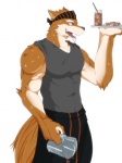 abs anthro beverage biceps biped blush bottomwear clothed clothing food fully_clothed fur ice kerchief male muscular muscular_anthro muscular_male pants pecs pose shirt simple_background solo standing tail tank_top topwear waiter white_background yellow_eyes ig1119 canid canine canis domestic_dog mammal 3:4