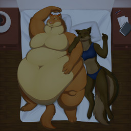 anthro bed belly big_belly bikini chubby_cheeks clothing detailed_background digitigrade duo female furniture huge_belly larger_male lying lying_on_bed male moobs morbidly_obese morbidly_obese_male obese obese_male on_back on_bed overweight overweight_male size_difference swimwear thick_thighs two-piece_swimsuit white-dragon chipmunk ground_squirrel mammal rodent sciurid tree_squirrel 1:1 2026 cel_shading hi_res shaded signature
