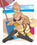 anthro beach bedroom_eyes bikini breasts butt clothed clothing female green_eyes looking_at_viewer narrowed_eyes nipple_slip nipples outside pose presenting presenting_hindquarters seaside seductive skimpy small_breasts solo swimwear tan_body two-piece_swimsuit umbrella madbeak claudia_(aapur) avian hi_res pinup