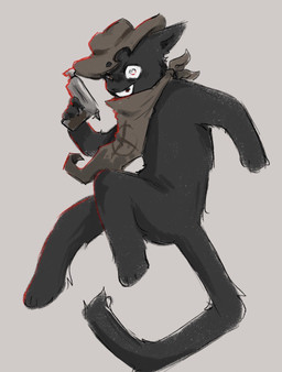 anthro bent_legs biped black_body black_ears black_fur bottomless bottomless_anthro bottomless_male brown_cowboy_hat brown_kerchief clenched_teeth clothed clothing cowboy_hat crazy_eyes eyebrows facial_tuft fur grin grinning_at_viewer gun gunslinger handgun hat hat_only headgear headgear_only headwear headwear_only holding_gun holding_handgun holding_object holding_ranged_weapon holding_revolver holding_weapon insane kerchief kerchief_only long_tail looking_at_viewer male male_anthro missing_tooth mostly_nude one_eye_closed pose ranged_weapon revolver smile smiling_at_viewer solo tail teeth teeth_showing topless topless_anthro topless_male tuft weapon chira1ity mewgenics zodiac_(mewgenics) domestic_cat felid feline felis mammal 2026 colored digital_drawing_(artwork) digital_media_(artwork) full-length_portrait hi_res portrait
