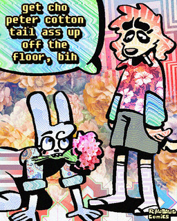 aloha_shirt anthro bottomwear bouquet cheek_spots cigarette cigarette_in_mouth clothing dialogue duo flip_flops floppy_ears flower flower_bouquet footwear fur half-closed_eyes humor male narrowed_eyes object_in_mouth overalls pattern_clothing pattern_shirt pattern_topwear plant rose_(flower) sandals sharp_teeth shirt shoes shorts socks_with_sandals speech_bubble teeth text topwear white_body white_fur wide_eyed yellow_body yellow_fur rawdawgcomics bingus_(rawdawgcomics) stahli_(rawdawgcomics) bird_dog canid canine canis domestic_dog golden_retriever hunting_dog lagomorph leporid mammal rabbit retriever 4:5 english_text hi_res