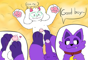 anthro balls bed bed_sheet bedding bodily_fluids collar dominant dominant_male duo eyewear feet fluffy foot_fetish foot_play footjob furniture genital_fluids genitals glasses good_boy heart_symbol horn looking_at_another looking_at_partner lying male male/male nude on_back on_bed pawpads paws penis precum presenting sex smug speech_bubble submissive submissive_male teeth thought_bubble miauyeah deltarune mob_entertainment poppy_playtime smiling_critters undertale_(series) catnap_(poppy_playtime) ralsei bovid caprine felid feline goat mammal absurd_res hi_res