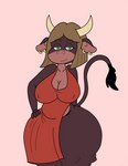 anthro big_breasts blonde_hair breasts clothing curvy_figure dress ear_piercing ear_ring female green_eyes hair horn huge_breasts looking_at_viewer nipple_outline piercing ring_piercing solo thick_thighs voluptuous wide_hips hashidoodle summer_(jwinkz) bovid bovine cattle mammal