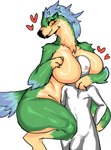 anthro big_breasts blush breasts duo featureless_breasts female female_on_human green_body head_between_breasts heart_symbol huge_breasts human_on_anthro interspecies larger_anthro larger_female male male/female male_on_anthro pupils simple_background size_difference slit_pupils smaller_human smaller_male smile tozamtr capcom monster_hunter human mammal seikret wild_ride hi_res