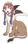 breasts collar crown feathered_wings feathers female feral headgear nipples nude quadruped ribbons small_breasts solo wings ikutasemi mythology felid humanoid mammal mythological_creature mythological_sphinx absurd_res hi_res