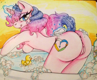 anthro anthrofied anus bath biped breasts cutie_mark female freckles fur genitals hair horn looking_at_viewer magic multicolored_hair nipples pencil_(object) pink_body pink_fur presenting presenting_vulva rubber_duck smile solo sparkles text two_tone_hair vulva water jujubee hasbro my_little_pony mythology fan_character equid equine mammal mythological_creature mythological_equine unicorn english_text hi_res signature