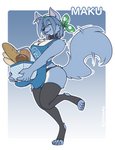 2020 anthro apron basket black_nose blue_body blue_fur blue_hair bread breasts canid canine canis chest_tuft cleavage clothed clothing collar container cute_fangs digitigrade eyes_closed female food fur hair holding_object kdhynamo legwear maku_(maku450) mammal on_one_leg raised_tail short_hair simple_background skindentation smile solo squish standing stockings tail tail_motion tailwag thigh_highs thigh_squish tuft white_body white_fur wide_hips wolf