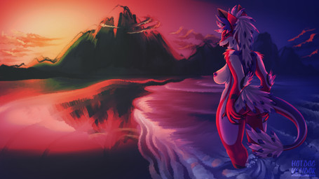 anthro beach breasts butt feathers female mountain solo sunset hotdogvendor domestic_cat felid feline felis hybrid mammal 16:9 4k absurd_res hi_res widescreen