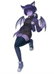 black_clothing black_topwear breasts clothing female fist footwear hair hoodie legwear looking_at_viewer membrane_(anatomy) membranous_wings purple_body purple_clothing purple_hair purple_legwear purple_stockings shoes simple_background smile sneakers solo stockings topwear white_background wings sookmo animal_humanoid bat bat_humanoid humanoid mammal mammal_humanoid 2023 absurd_res hi_res