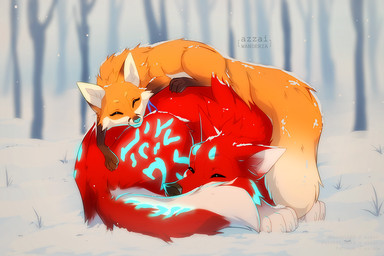 blue_markings brown_markings cheek_tuft duo eyelashes eyes_closed facial_tuft female female_on_top feral forest fur glowing glowing_markings larger_male lying_on_another male male_on_bottom markings nude on_bottom on_top orange_body orange_fur outside plant red_body red_fur size_difference sleeping sleeping_on_another sleeping_together smaller_female smile snout snow snowing tail tree tuft white_markings azzai canid canine canis fox mammal red_fox true_fox wolf 2021 colored digital_drawing_(artwork) digital_media_(artwork) shaded