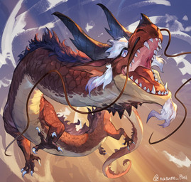 2_horns action_pose ambiguous_gender barbel_(anatomy) claws cloud detailed_background facial_horn feral flesh_whiskers foreshortening gaping_mouth hair horn lighter_belly long_tail mane neck_spikes no_sclera nose_horn open_mouth pose red_body red_scales scales serpentine sharp_teeth sky solo tail teeth tongue ventral_scales white_hair nasuno_posi mythology dragon eastern_dragon mythological_creature mythological_scalie scalie wingless_dragon detailed digital_media_(artwork) digital_painting_(artwork) hi_res painting_(artwork) signature