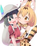 adolescent backpack blush bottomwear bow_tie clothed clothing duo feathers female female/female gloves handwear hat headgear headwear hug skirt tail tail_under_skirt young makuran kemono_friends kaban-chan serval-chan felid feline human mammal serval hi_res