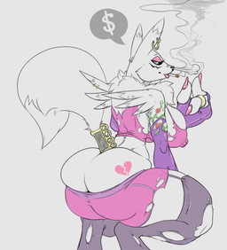 accessory anthro armwear big_breasts big_butt breasts butt cigarette clothed clothing crouching currency_symbol curvy_figure dollar_sign elbow_gloves eyeshadow female fingerless_gloves furgonomic_piercing furgonomics garter gloves handwear huge_butt legwear makeup markings mole_(marking) nipple_outline piercing prostitution ring skimpy smoke smoking solo speech_bubble stockings symbol tail tail_accessory tattoo thick_thighs thigh_highs torn_clothing torn_legwear torn_stockings voluptuous strikeanywhere bandai_namco digimon canid canine digimon_(species) mammal renamon hi_res
