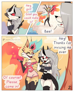 blush border cellphone dialogue duo electronics eyelashes female female/female freckled_face freckles long_eyelashes phone piercing smartphone text tuft white_border kat._.arts hellaverse helluva_boss mythology loona_(helluva_boss) queen_bee-lzebub_(helluva_boss) canid canid_demon canine demon hellhound mammal mythological_canine mythological_creature 4:5 comic english_text hi_res