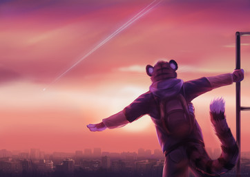 anthro backpack city clothed clothing day detailed_background fur male orange_body orange_fur outside sky solo striped_body striped_fur stripes tail koul felid mammal pantherine tiger 2019