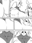 anthro bandai_namco big_breasts biped blush breast_squish breasts comic digimon digimon_(species) duo ear_markings facial_markings female growth guilmon hair head_markings long_ears markings monochrome muscle_growth muscular muscular_female nipples ryuakira scalie shocked simple_background squish symbol terriermon white_background