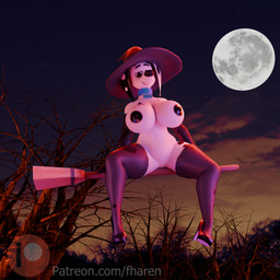 anthro big_breasts black_clothing black_footwear black_high_heels black_nipples breasts broom cleaning_tool clothing collar female female_anthro floating footwear fur genitals hand_on_hip hat headgear headwear high_heels huge_breasts huge_hips humanoid_genitalia legwear light looking_at_viewer looking_down markings moon moonlight mostly_nude navel nipples shoes solo spots spotted_body spread_legs spreading text vulva white_body white_fur wide_hipped_female wide_hips witch_hat fharen 101_dalmatian_street 101_dalmatians disney delilah_(101_dalmatians) 1:1 3d_(artwork) digital_media_(artwork) hi_res url