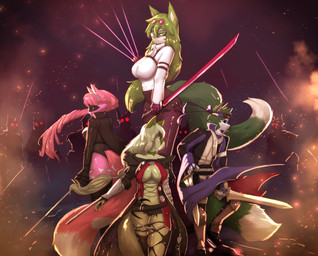 anthro clothed clothing cosplay crossover_cosplay female fighting_pose gameplay_mechanics group male melee_weapon pose string sword torn_clothing weapon lizzard_sama atlus bandai_namco fire_emblem fire_emblem_the_binding_blade honkai:_star_rail megami_tensei mihoyo nintendo persona_(series) persona_5 pokemon sega tales_of_(series) daisy_(katson) flora_(katson) lily_(katson) shadow_(katson) generation_9_pokemon pokemon_(species) sprigatito absurd_res crossover hi_res