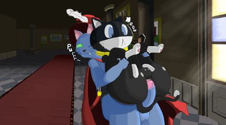 anthro anus balls black_body black_fur cape carrying_another clothing duo fur genitals hand_on_butt hand_on_own_butt hat headgear headwear humanoid_genitalia humanoid_penis imminent_sex inside kerchief leg_grab legs_up male male/male mask multicolored_body one_eye_closed onomatopoeia painting_(object) paws penis penis_between_buttocks precum_on_own_penis red_cape red_clothing red_hat red_headwear shortstack shortstack_male sound_effects tail text white_body white_fur wink yellow_kerchief sharpbean atlus megami_tensei persona_(series) persona_5 sega cait_sith_(megami_tensei) morgana_(persona) domestic_cat felid feline felis mammal tuxedo_cat hi_res