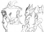 2016 all_fours ambiguous_gender anthro anus biped breasts butt canid canine canis digital_drawing_(artwork) digital_media_(artwork) digitigrade dragon eyes_closed felid female fox genitals half-closed_eyes hand_on_breast horn kneeling lion mammal monochrome mythological_creature mythological_scalie mythology narrowed_eyes navel nipples nude open_mouth pantherine pussy scalie simple_background sketch_page smile solo tail thick_thighs watsup white_background wolf