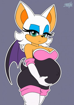 anthro belly big_belly big_breasts breasts cleavage clothed clothing female green_eyes hair looking_at_viewer pregnant pregnant_anthro pregnant_female solo white_hair arrowdark sega sonic_the_hedgehog_(series) rouge_the_bat bat mammal 2023 hi_res