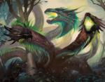 6_heads detailed_background duo feral forest glowing horn long_neck looking_away multi_head open_mouth outside plant spines tree lucas_graciano european_mythology greek_mythology hasbro magic:_the_gathering mythology wizards_of_the_coast hydra scalie official_art