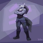 anthro biped boots bottomwear clothing countershade_face countershade_torso countershading crossed_arms female footwear fur grey_body grey_fur hoodie_around_waist looking_at_viewer muscular muscular_anthro muscular_arms muscular_female plantigrade shoes solo topwear white_body white_fur greasymojo canid canine canis mammal wolf 1:1 2021 absurd_res hi_res