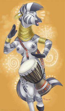 anthro anthrofied areola cutie_mark drum female gold_(metal) long_muzzle musical_instrument neck_ring nipples percussion_instrument piercing solo stripes conditional_dnp loupgarou friendship_is_magic hasbro my_little_pony zecora_(mlp) equid equine mammal zebra 2017 hi_res