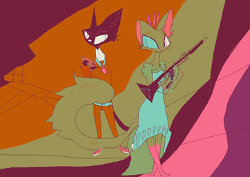 ambiguous_gender anthro blue_clothing blue_dress bottomwear brown_body brown_fur clothed clothed_female clothing dress duo female fur gun holding_gun holding_object holding_ranged_weapon holding_weapon orange_bottomwear orange_clothing orange_pants pants ranged_weapon weapon naircat domestic_cat felid feline felis mammal 2017 digital_media_(artwork) microsoft_paint_(artwork)