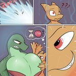 1:1 2018 angry anthro big_breasts bra breasts clothing comic duo echo_(starit) english_text female green_body green_scales hand_on_breast hi_res hourglass_(object) huge_breasts kobold lizard male question_mark red_eyes reptile scales scalie smile starit stop_sign teeth text time_freeze time_stop underwear yellow_body yellow_eyes yellow_scales